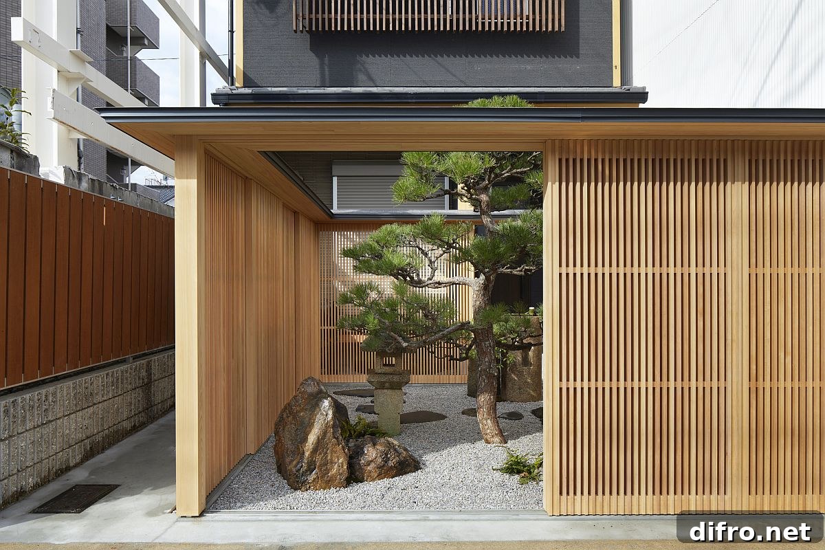 Sliding wooden lattice walls conceal the beautiful Japanese garden in Kyoto