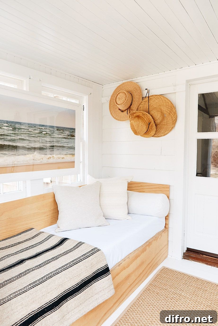 Wooden chair and woven beach hats