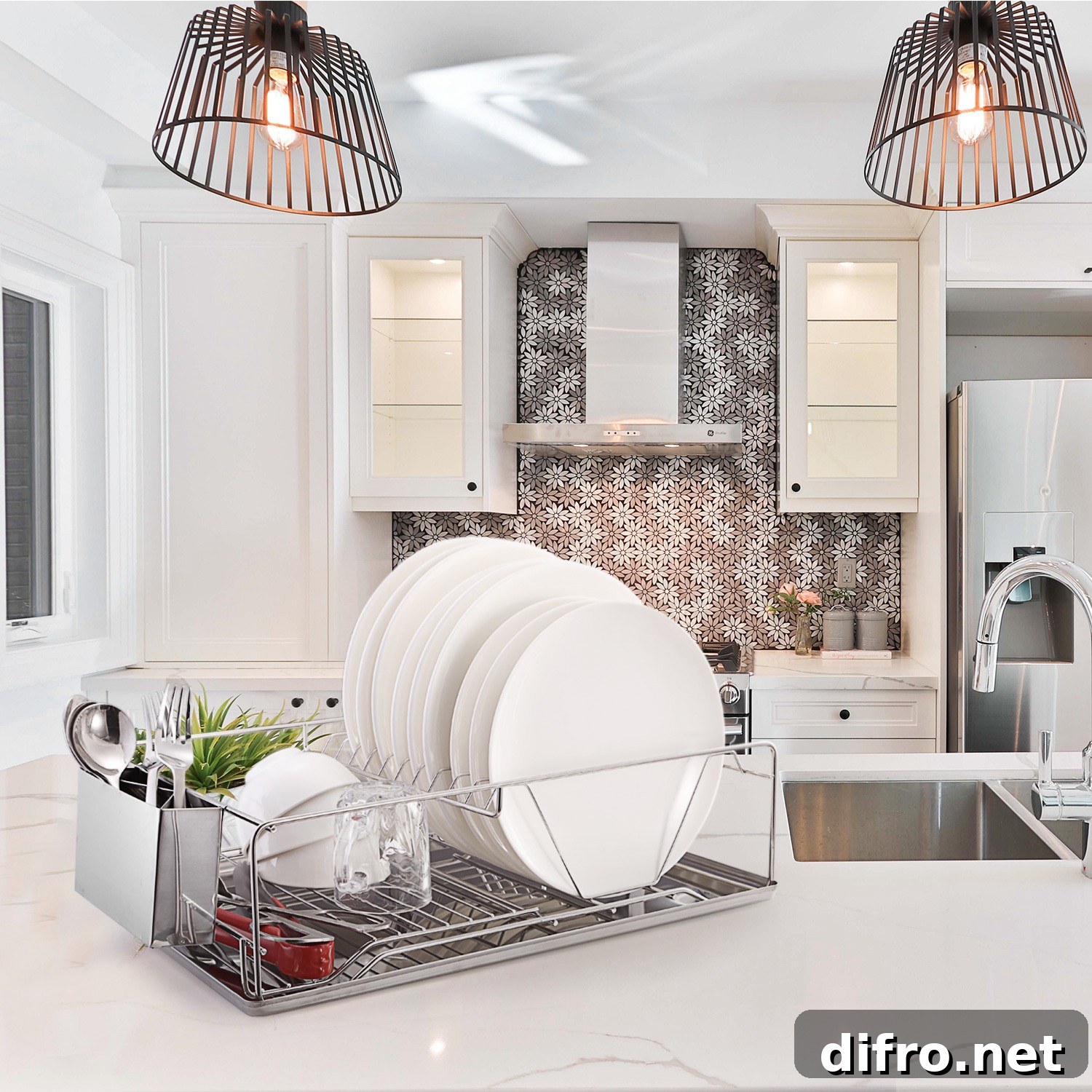White plates on top of kitchen counter