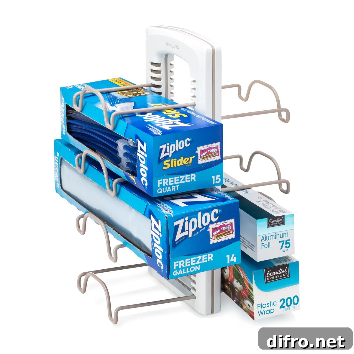 Ziplock and aluminum foil in a rack