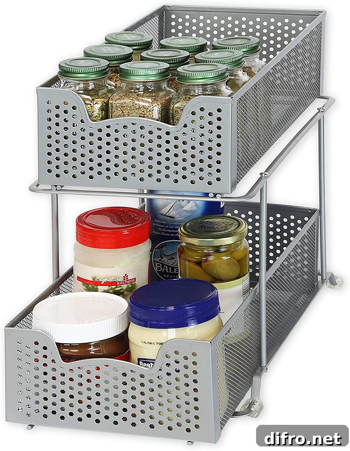 Two layers cabinet basket with kitchen ingredients