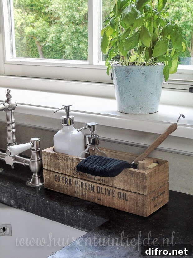 reclaimed wooden box for soaps beside sink
