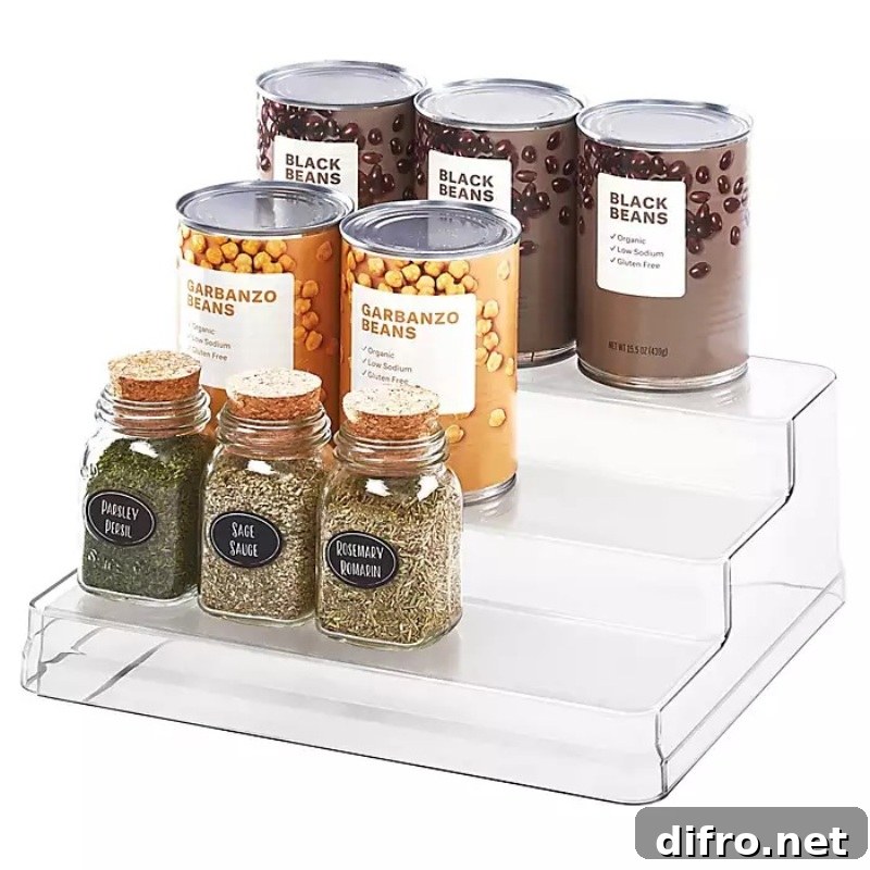 Canned beans and dry herbs on transparent rack