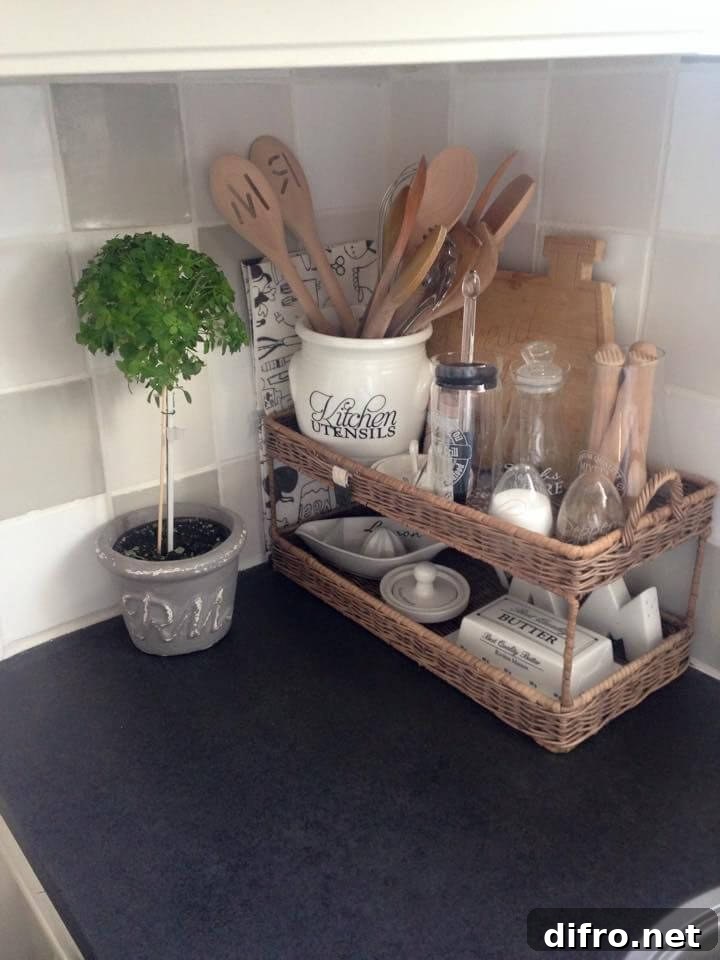 two tiered baskets in corner of kitchen countertops