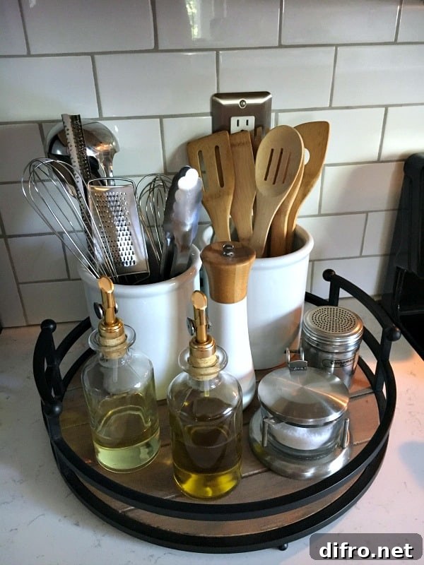 lazy susan with crock containers oil and vinegar wooden utensils