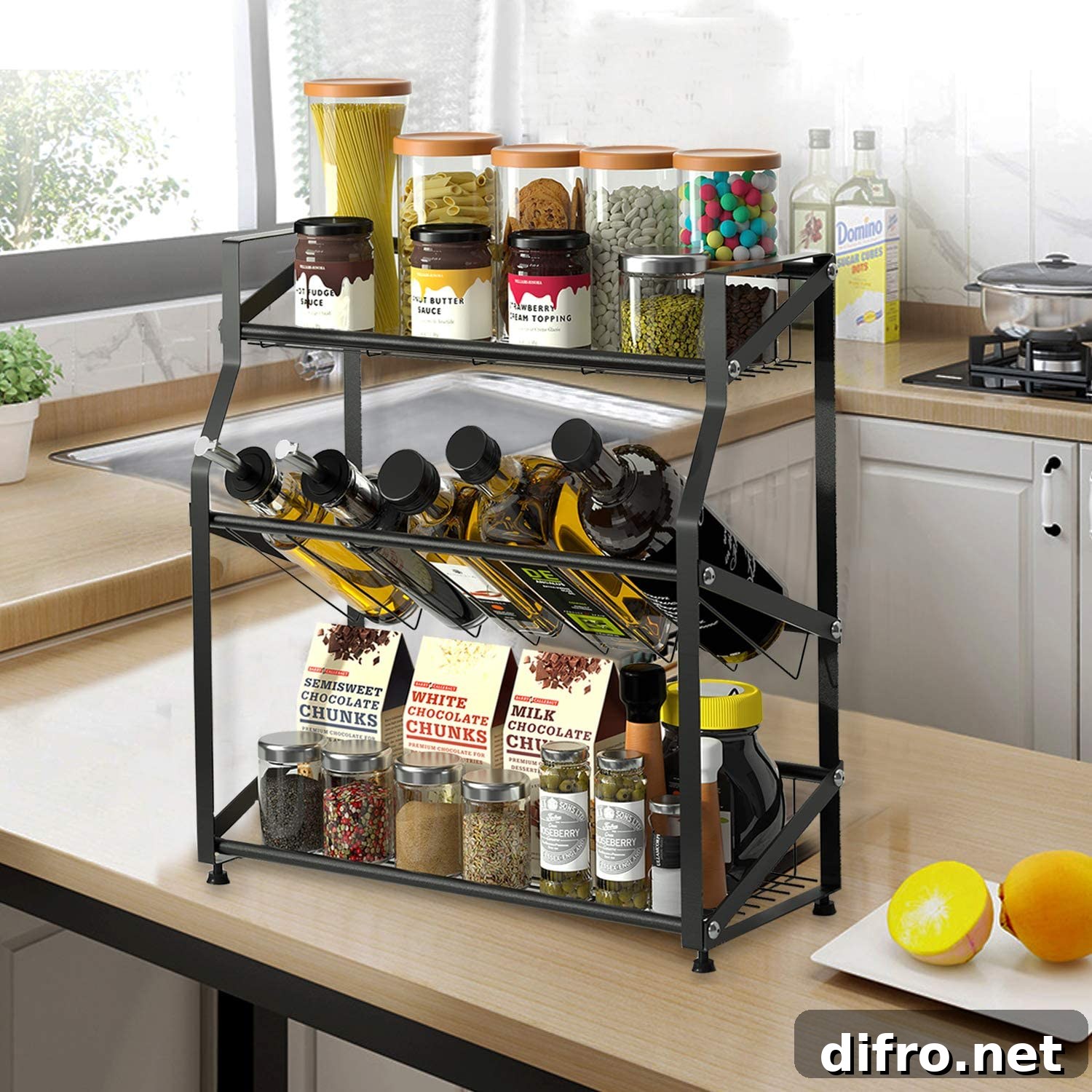 Rack full of bottles and dry herbs on top of brown kitchen counter