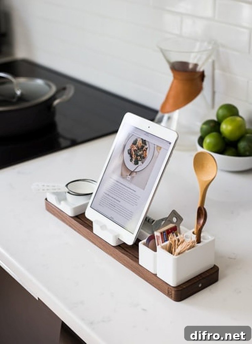 White tablet standing on top of white counter