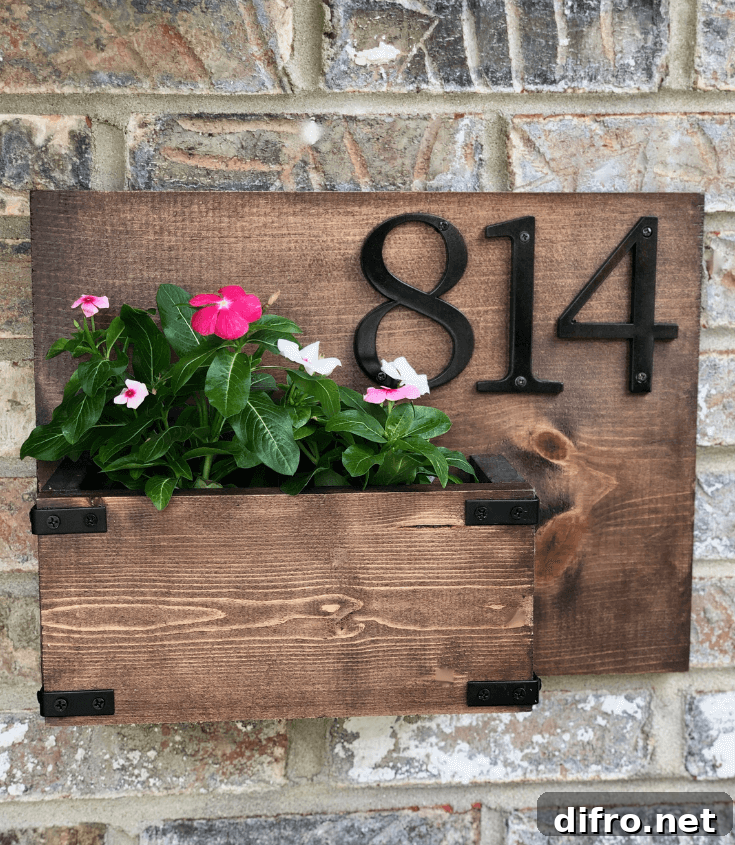 country style wood house address number sign with planter