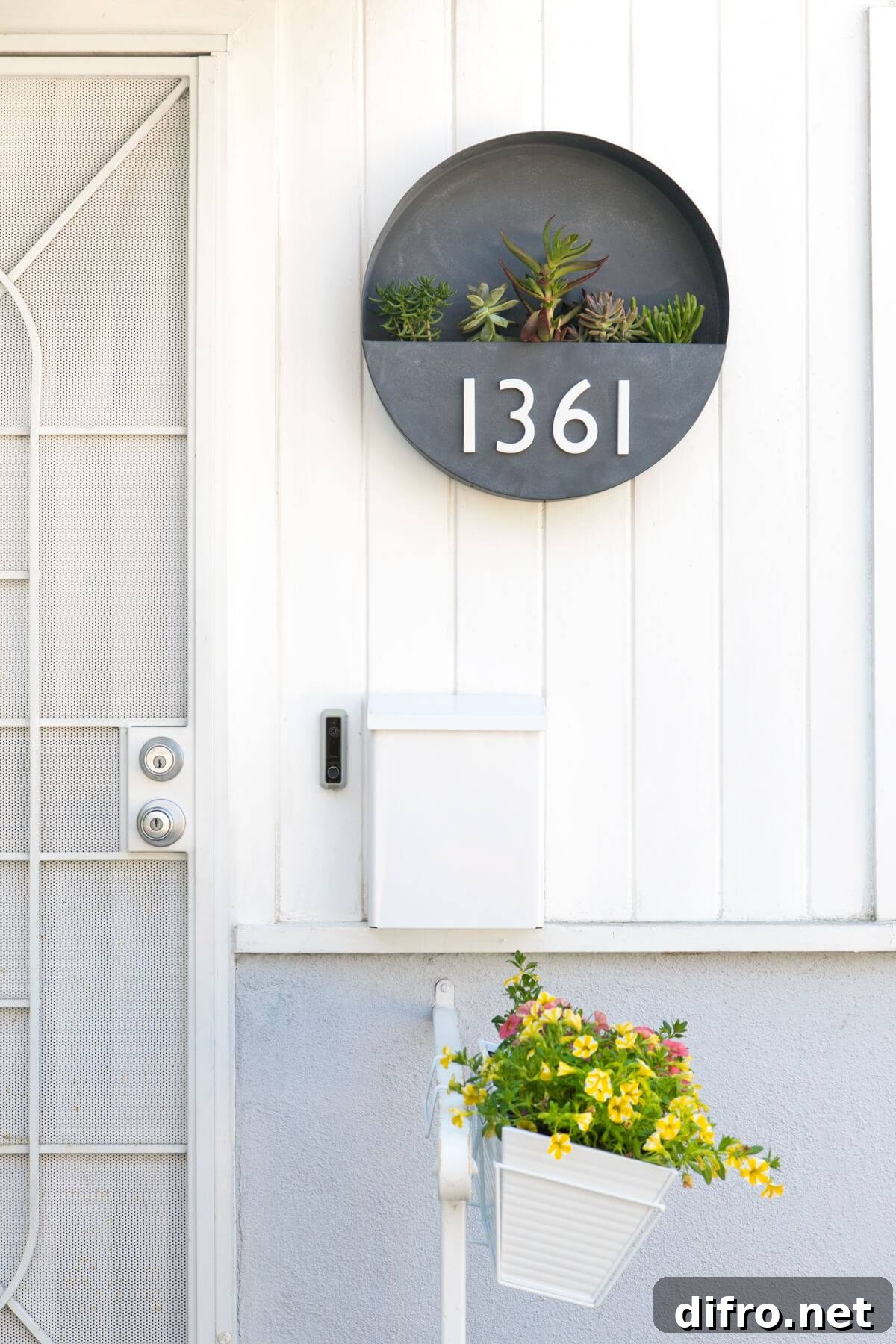 modern cement planter house numbers with succulents white vertical shiplap