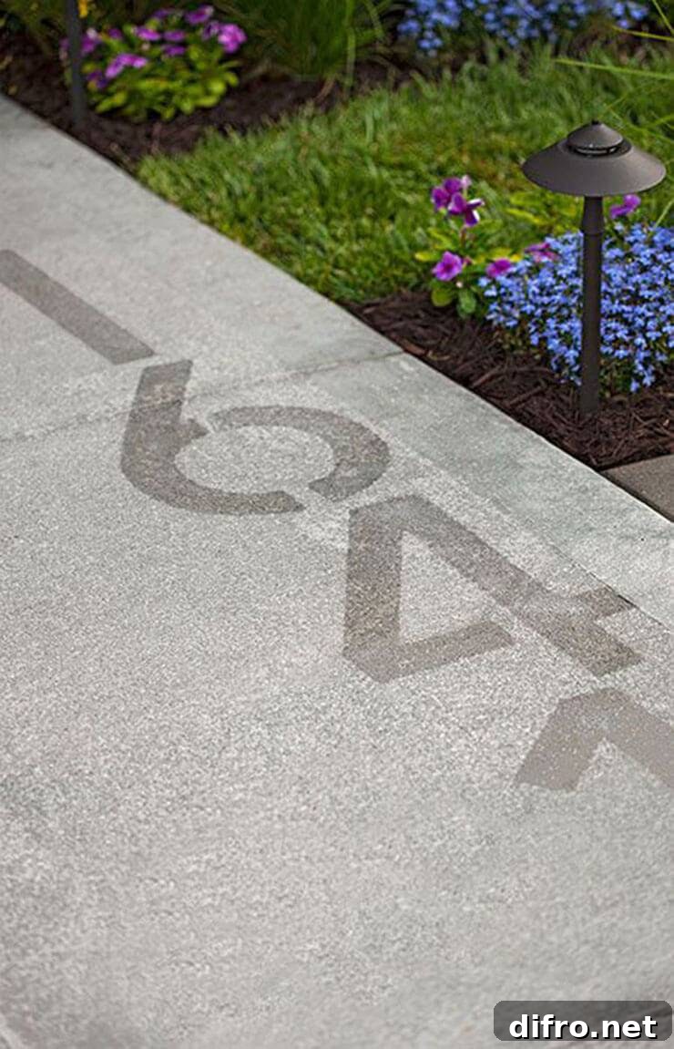 numbers stenciled on sidewalk garden path