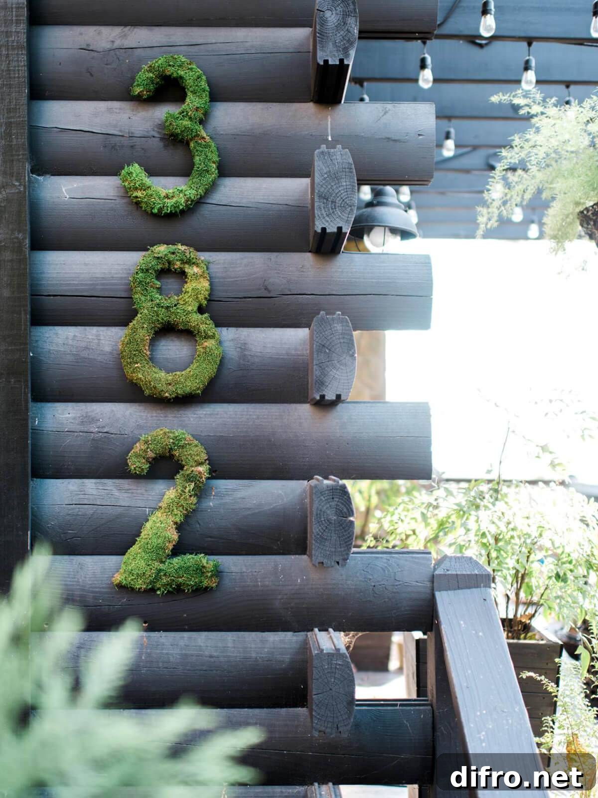 moss house numbers on side of black log cabin