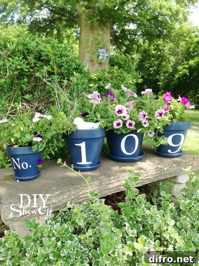 Flower Pot numbers black on bench in garden