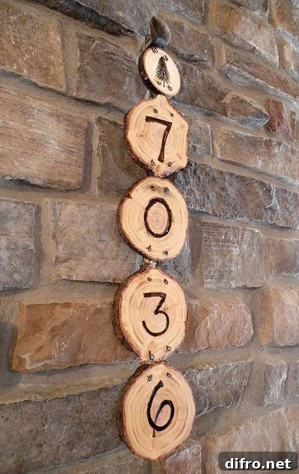 wood log slices hanging numbers on side of house