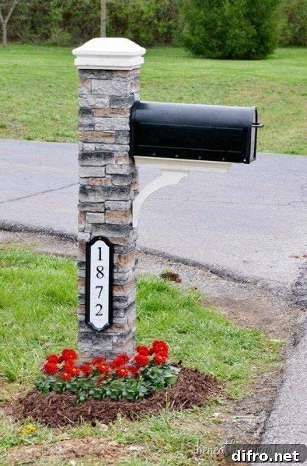 mailbox with house numbers stone pillar black mailbox