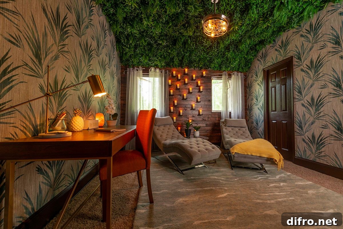 Meditation room and home office with green roof and lighting