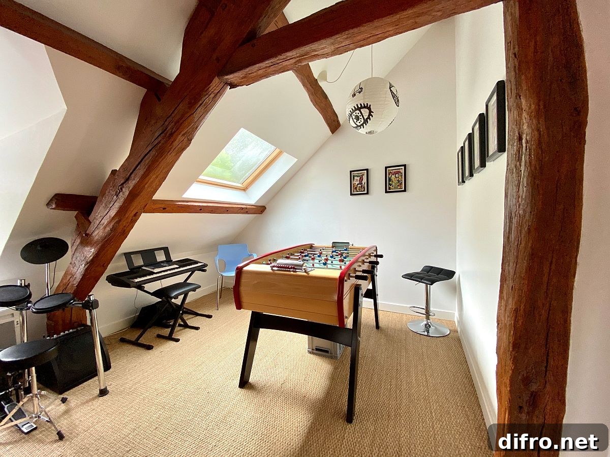 Attic game room that doubles as a music room