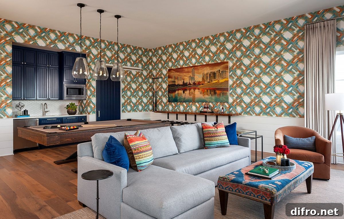 Family and game room with colorful wallpaper