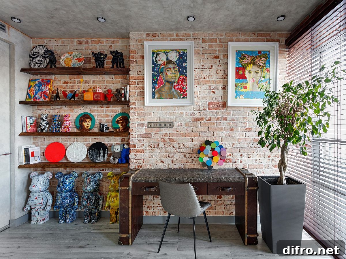 Industrial home office with brick wall backdrop
