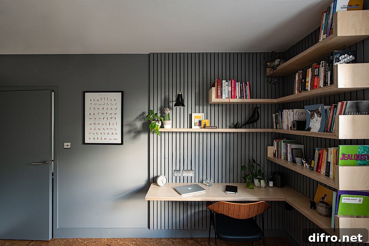 Home office with floating wooden shelves