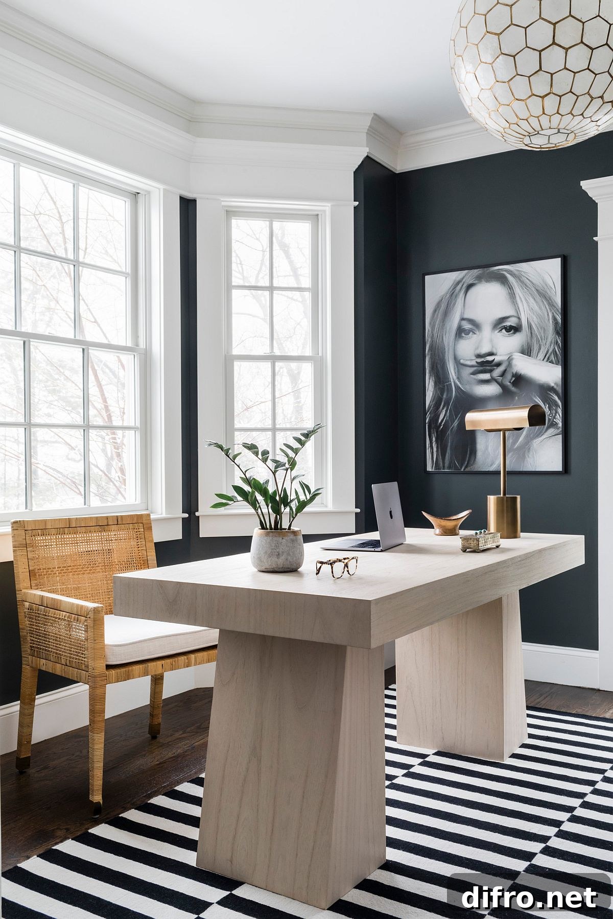 Contemporary home office in gray with striped carpet