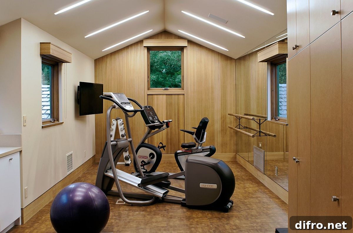 Bright white home gym with layered lighting