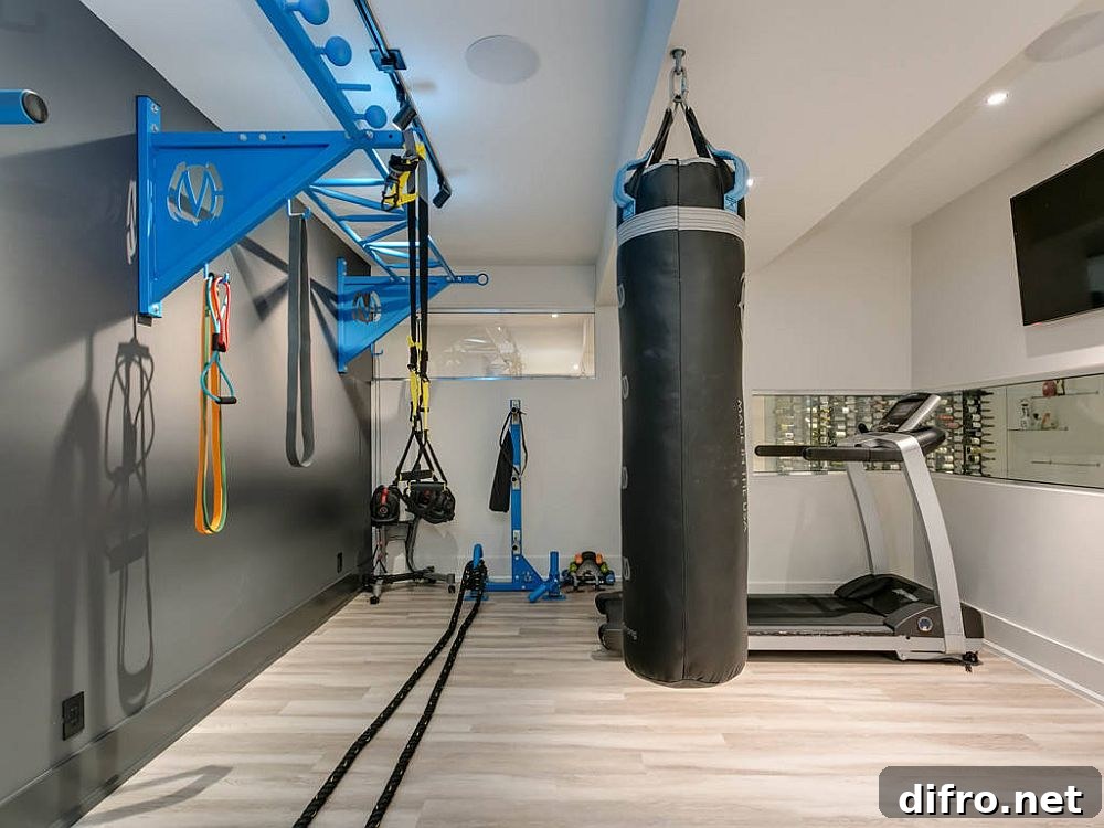 Small home gym with gray accent wall