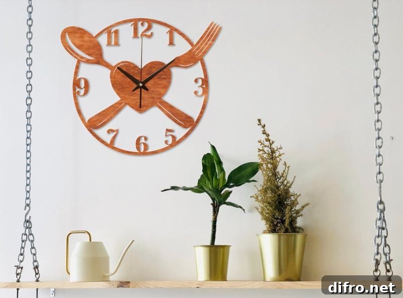 Kitchen wall clock with spoon, fork and heart design hanging on top of a shelf with plants