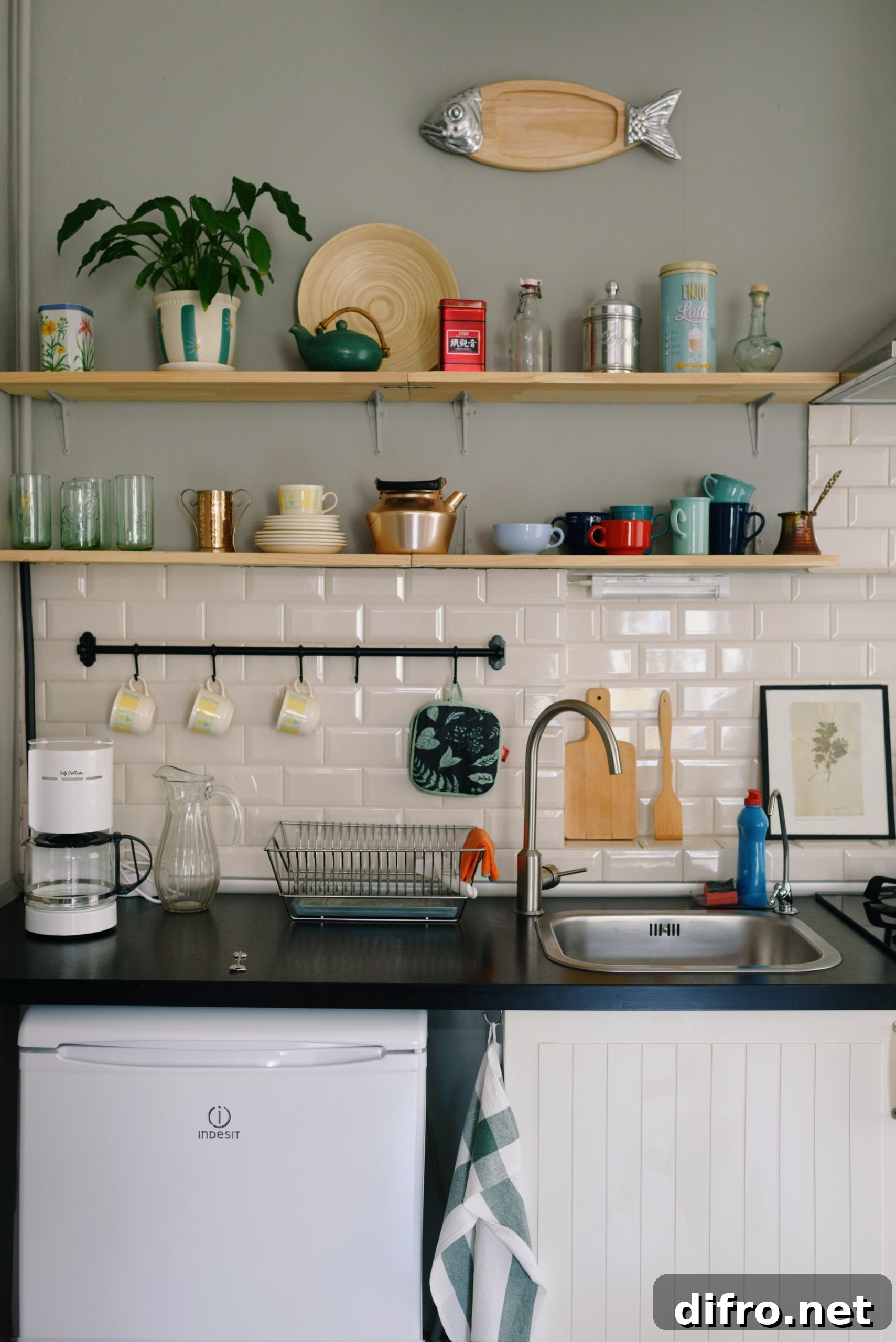 Kitchen interior with sink and wood fish wall decoration