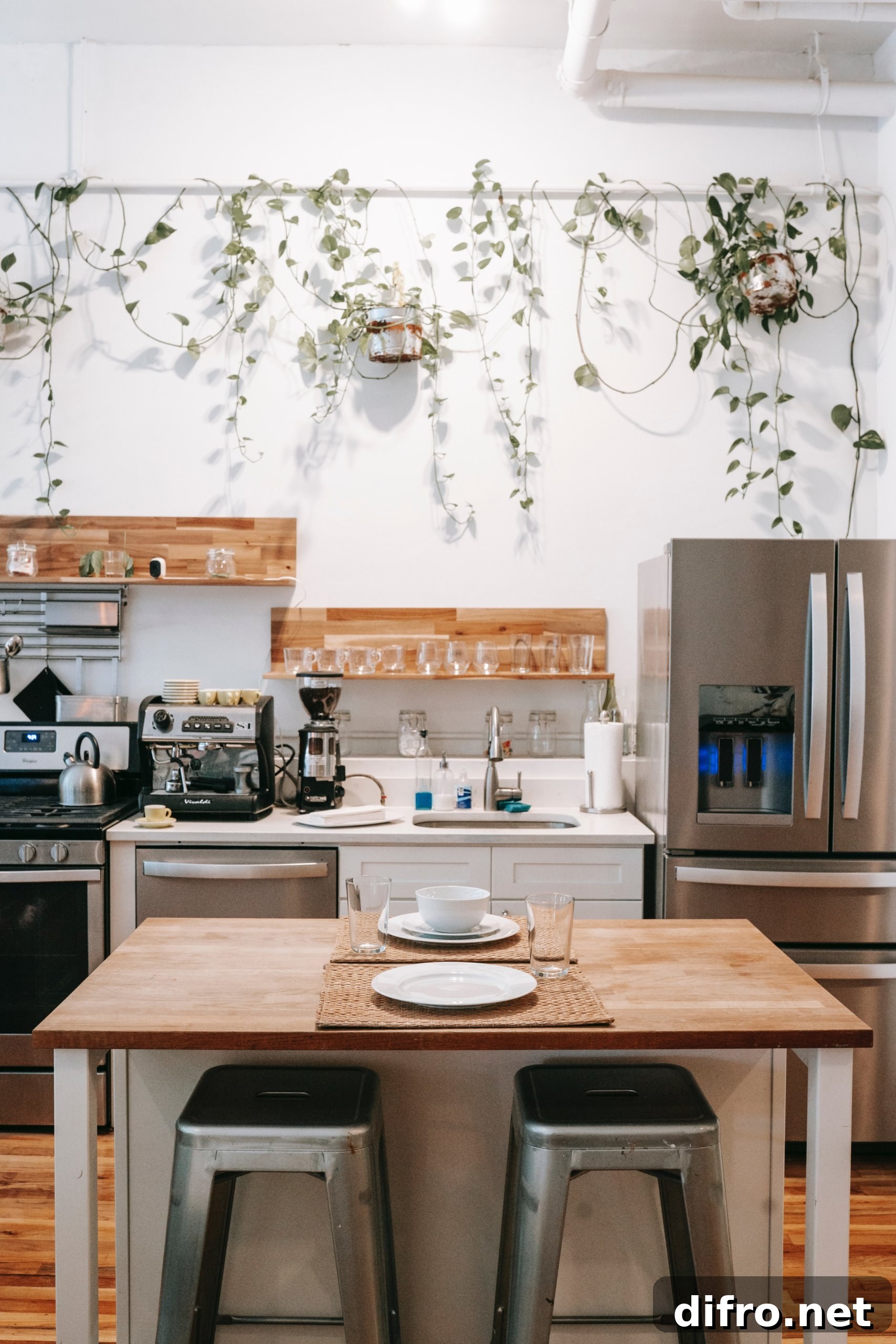 Brown dining table with two silver chairs and hanging plants on the wall