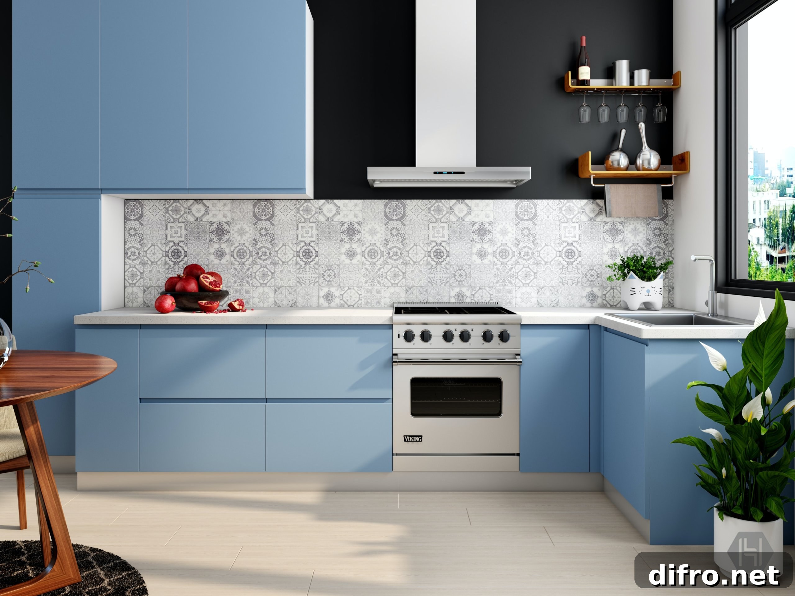 Kitchen interior with blue cabinets and tiled wall
