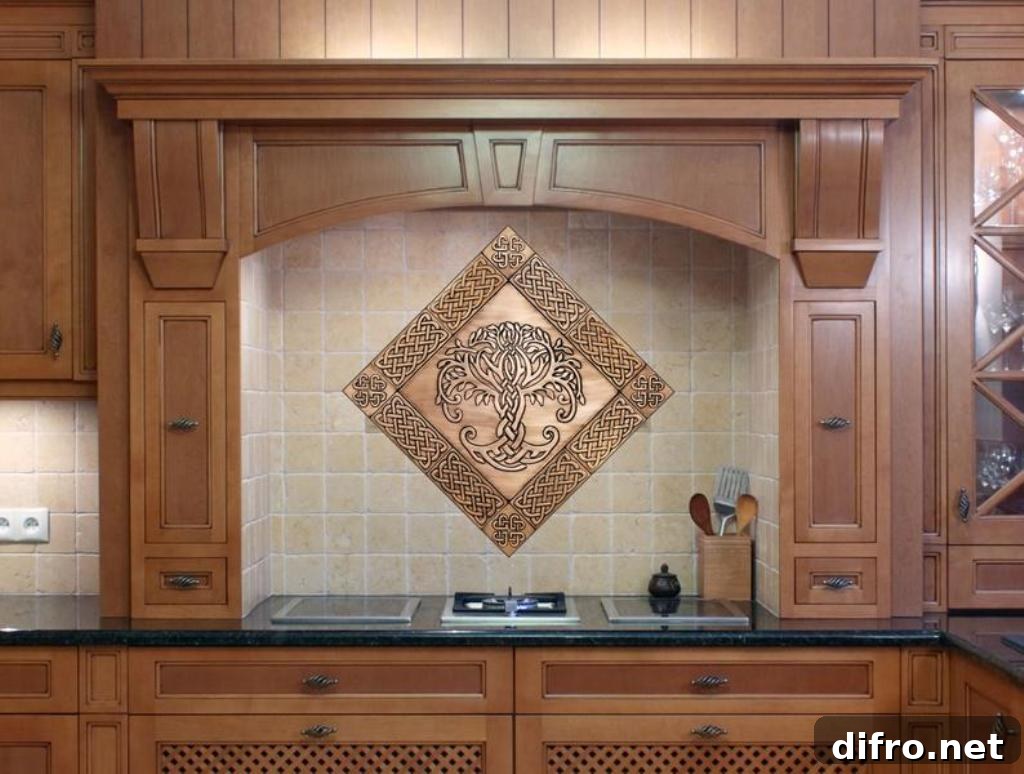 Kitchen with brown interior and celtic style stainless tiles