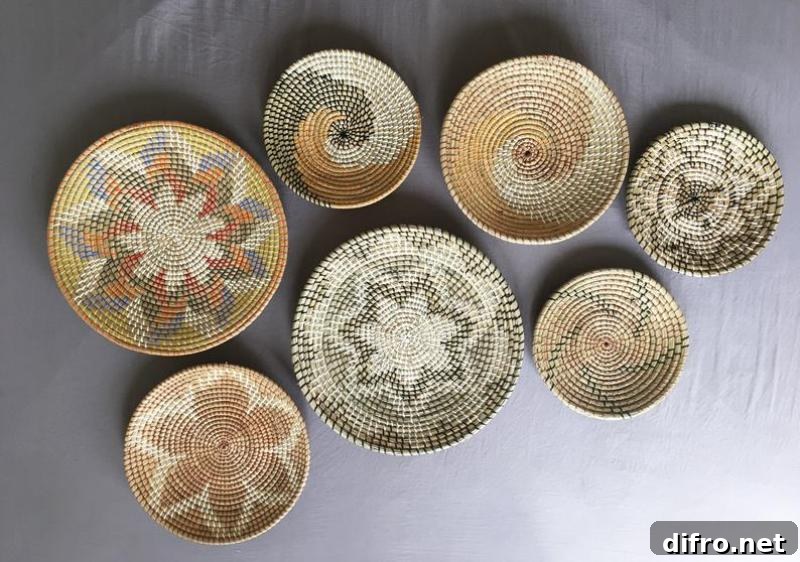 Seven wall rattan baskets in different designs and sizes