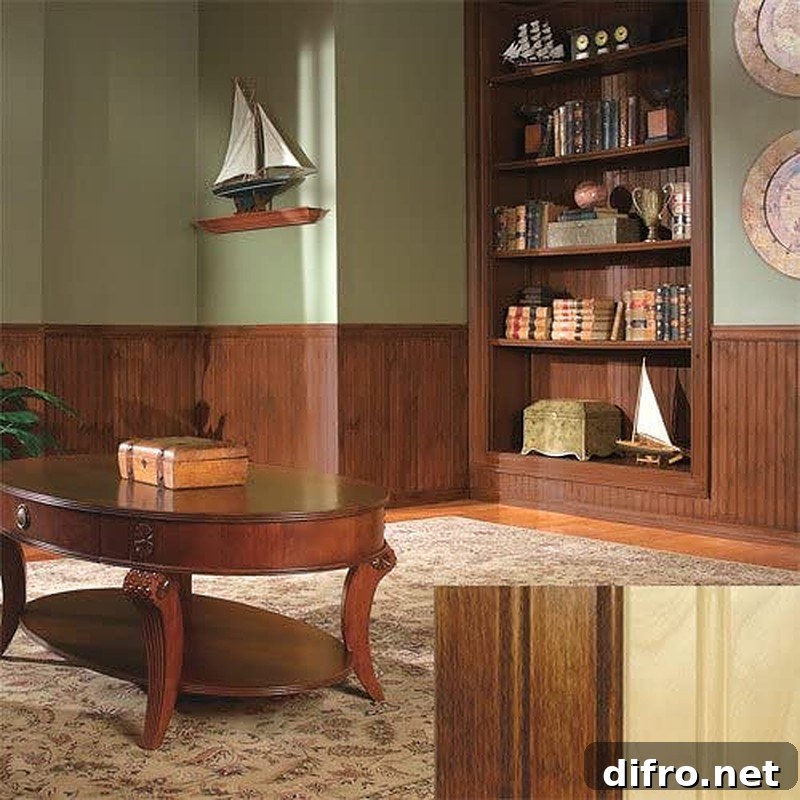 Room with wooden book shelf and wooden table