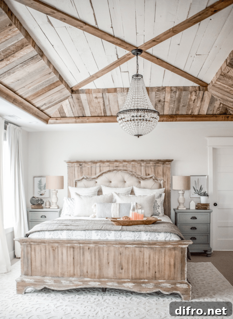 rustic master bedroom with crystal chandelier and distressed wood accents