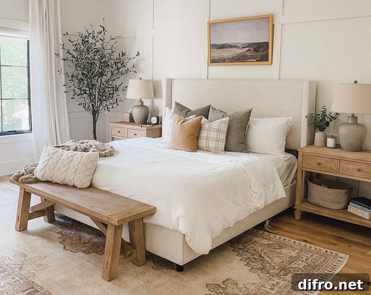 master bedroom with high ceilings and rustic wooden furniture