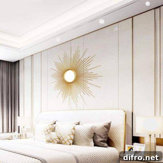 sunburst mirror mounted above headboard in bedroom