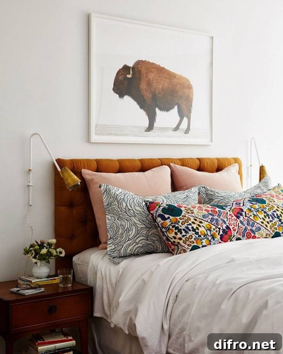 multi patterned pillows against burnt orange headboard