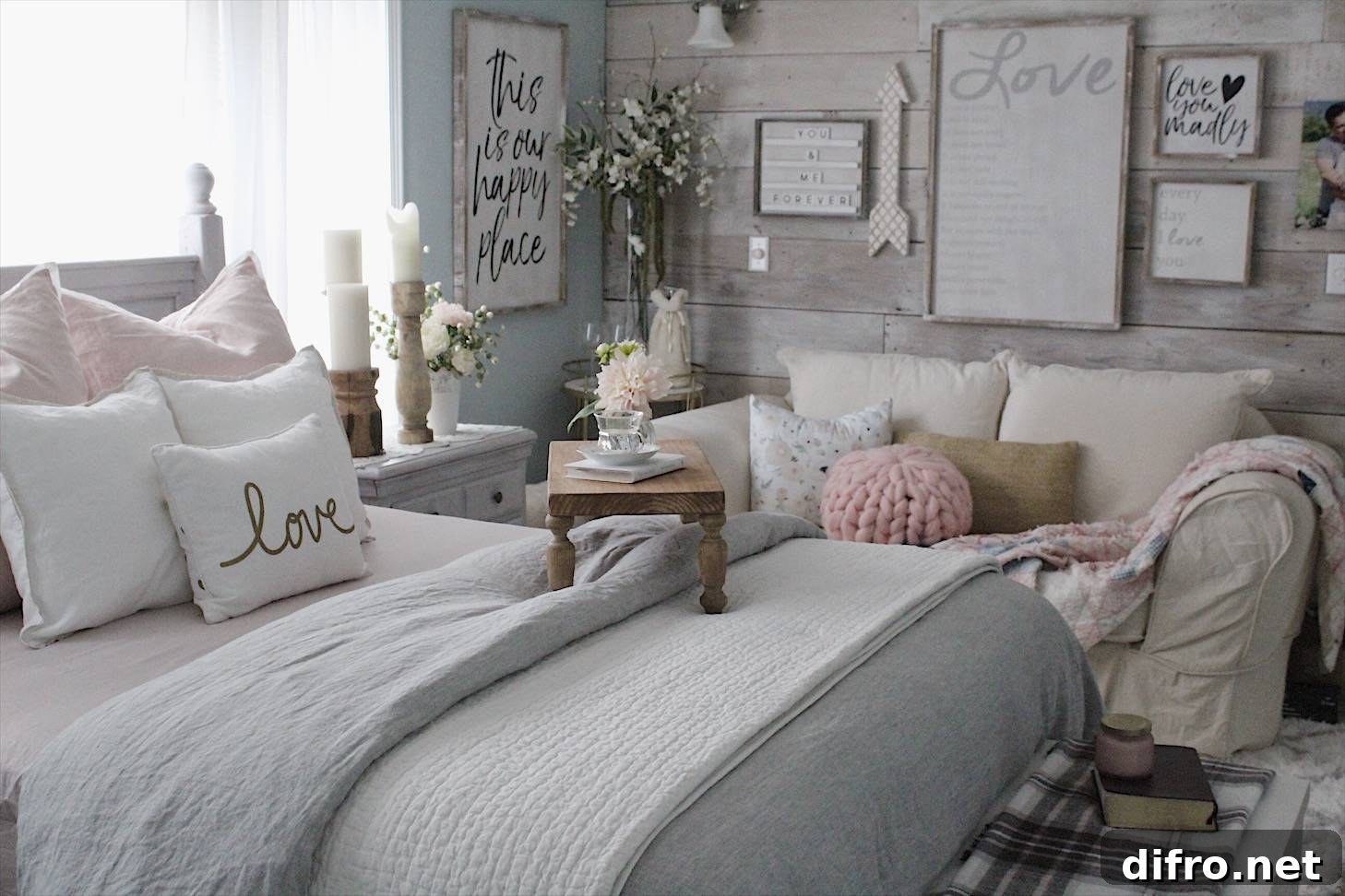 wooden tray standing on bed in rustic room