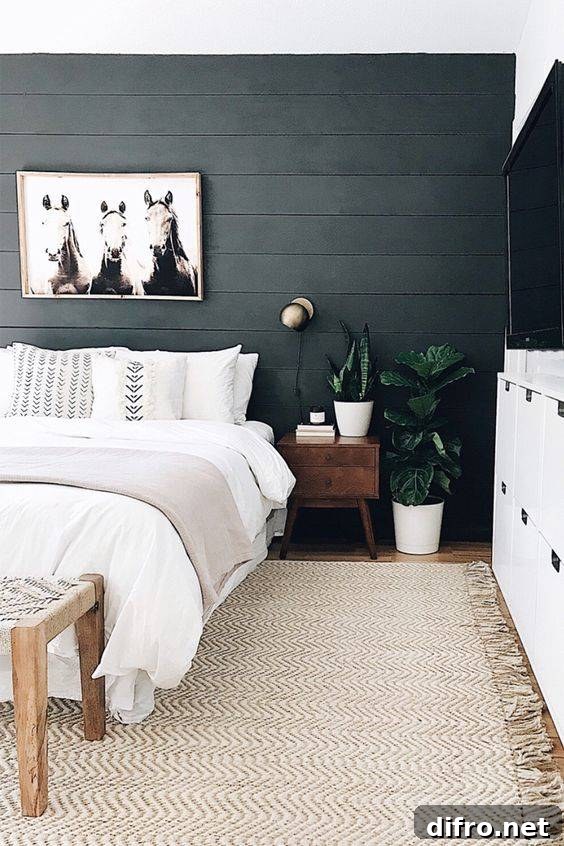 black shiplap accent wall bedroom