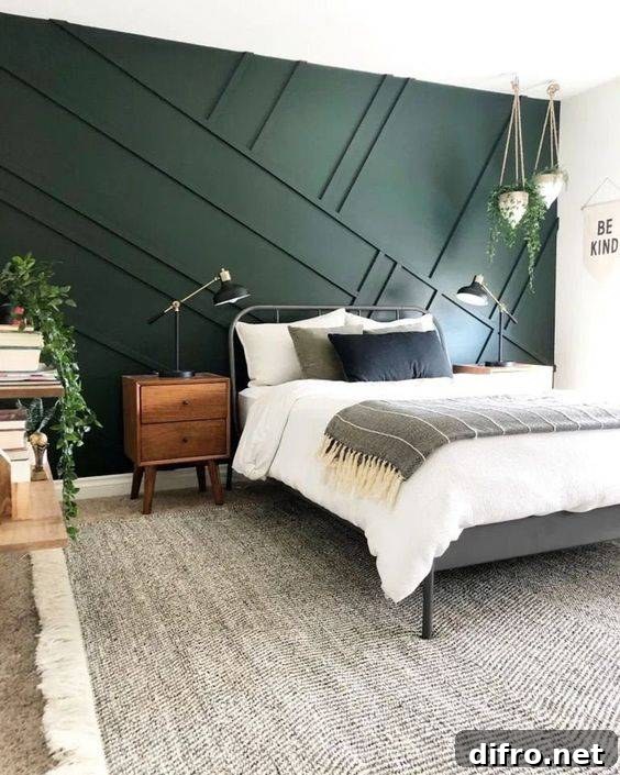 dark green multi dimensional accent wall bedroom