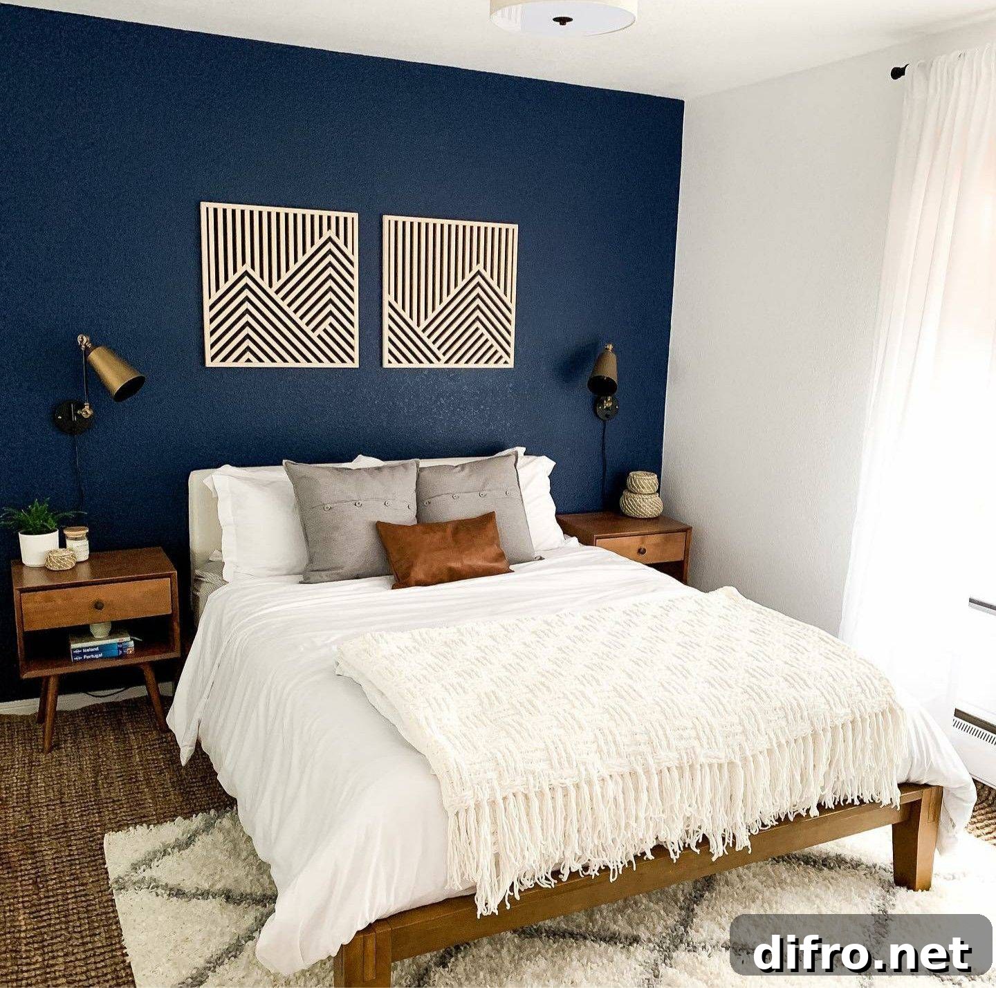 navy blue bedroom accent wall with white linen bedspread