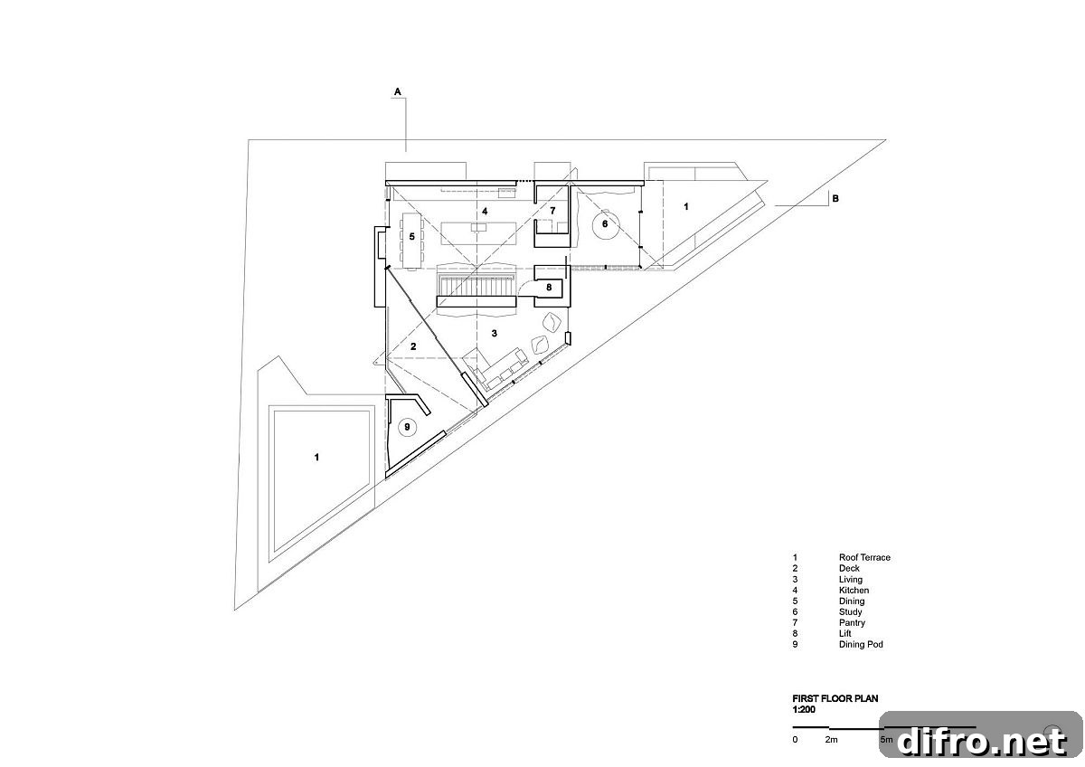 Floor plan of the first floor on the triangular lot
