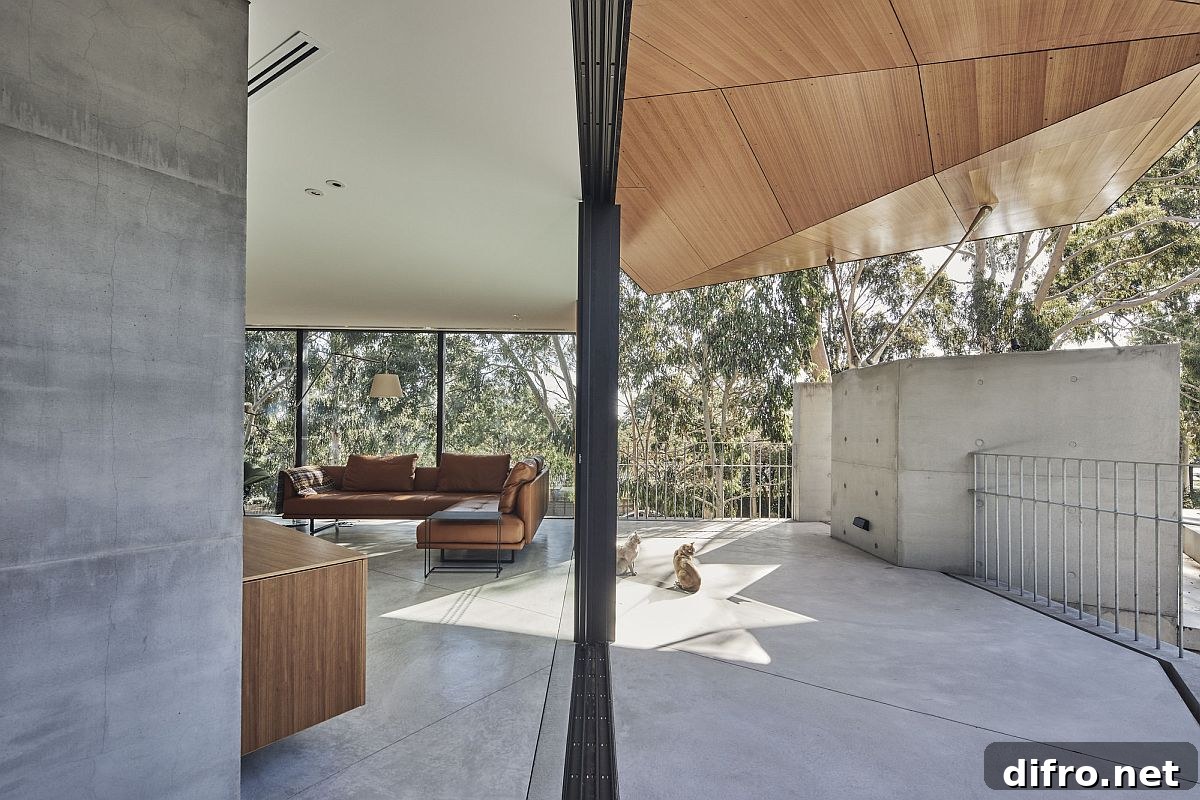 Sliding glass doors connect the interior with the outdoors as the folded wooden roof commands attention