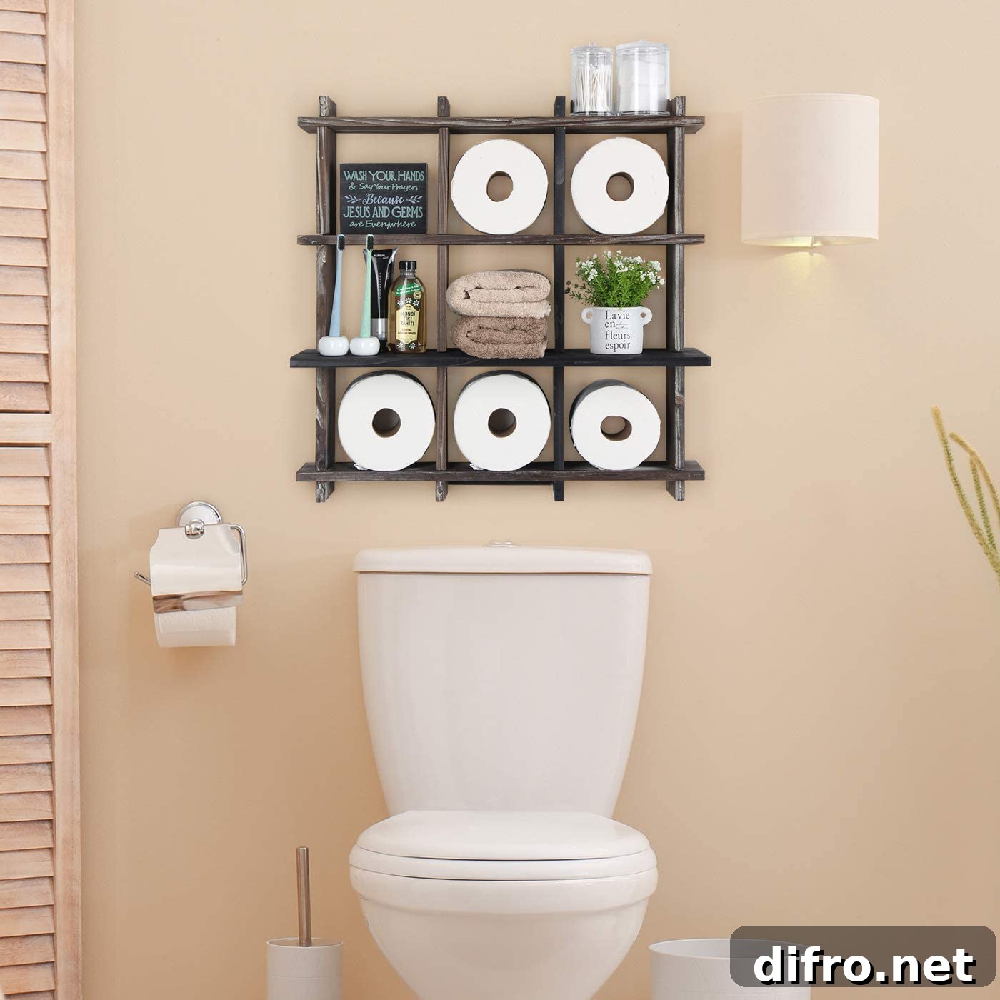 Big square storage divided into nine small squares full of essentials above toilet seat