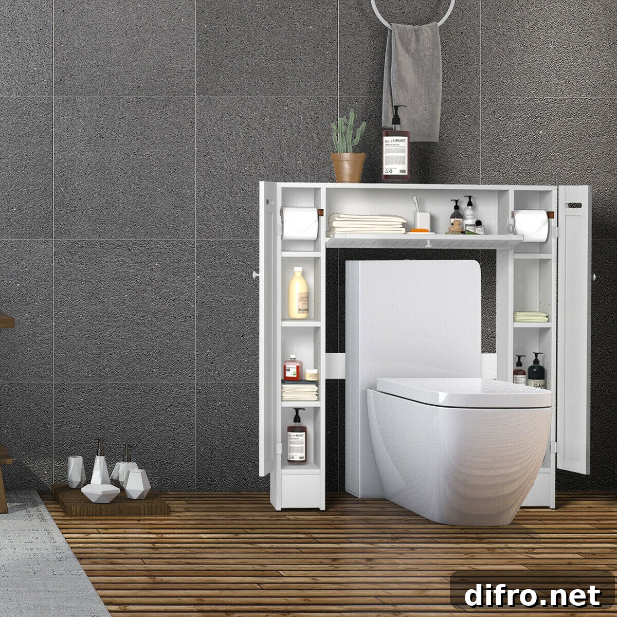 Toilet surrounded by square cabinet full of essentials