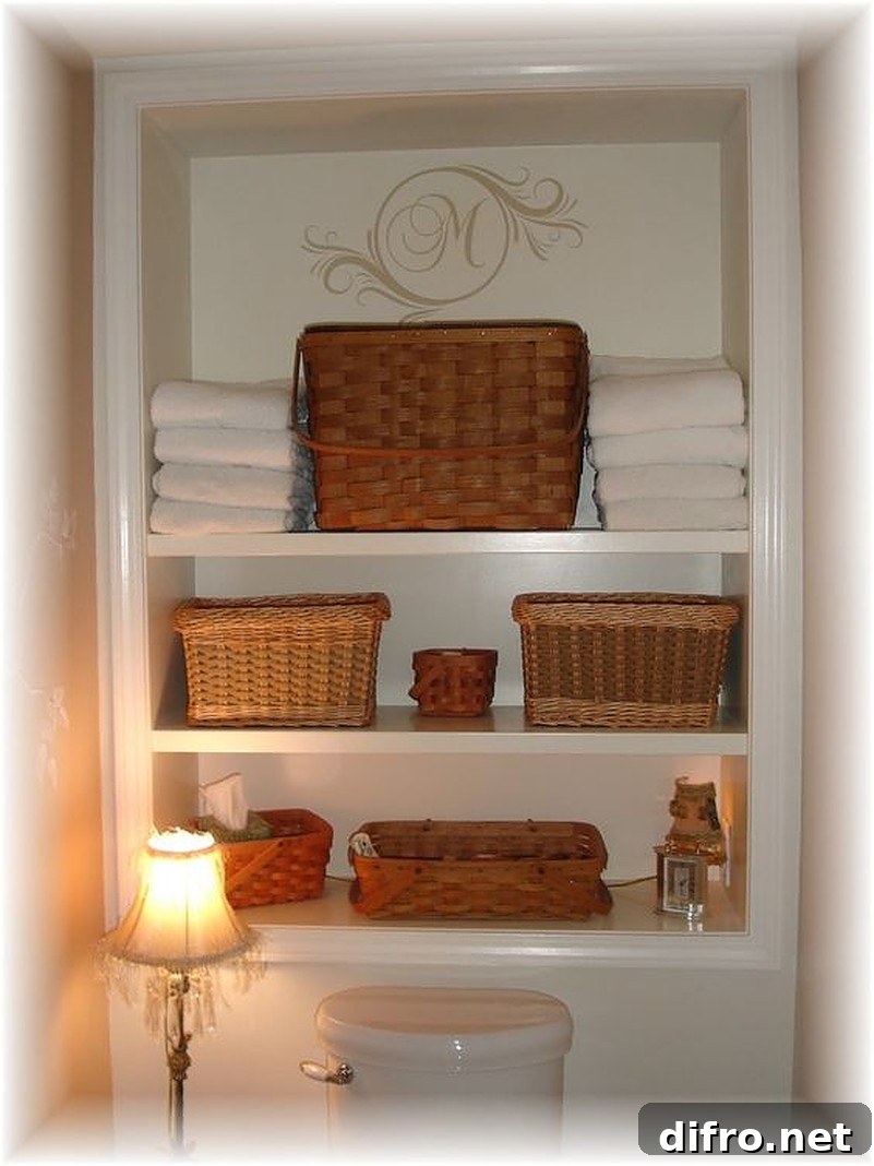 Brown baskets on white shelf above toilet