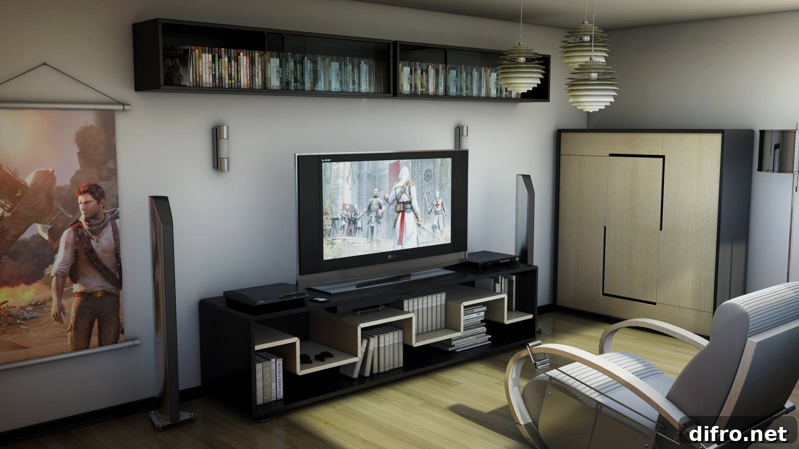 modern video game room setup with shelves framing TV
