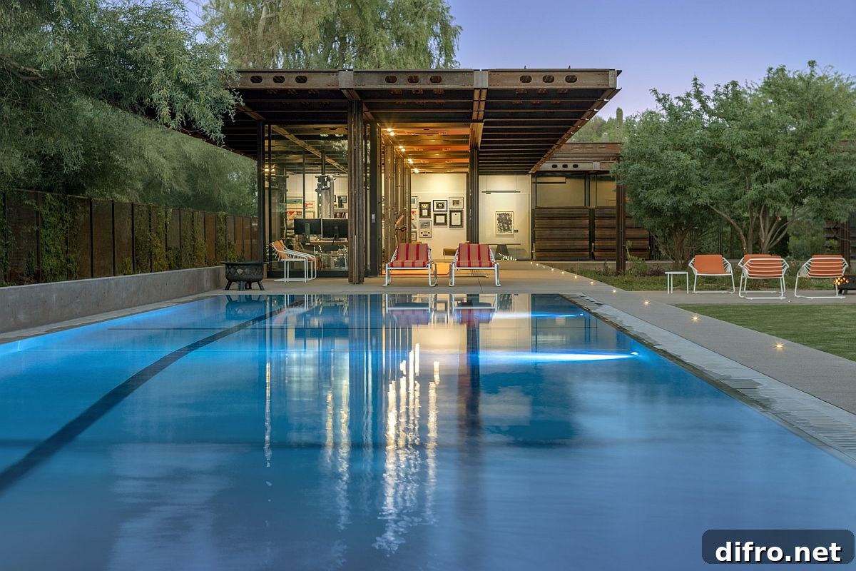 Pool house next to the lavish contemporary pool also built using a Corten steel frame