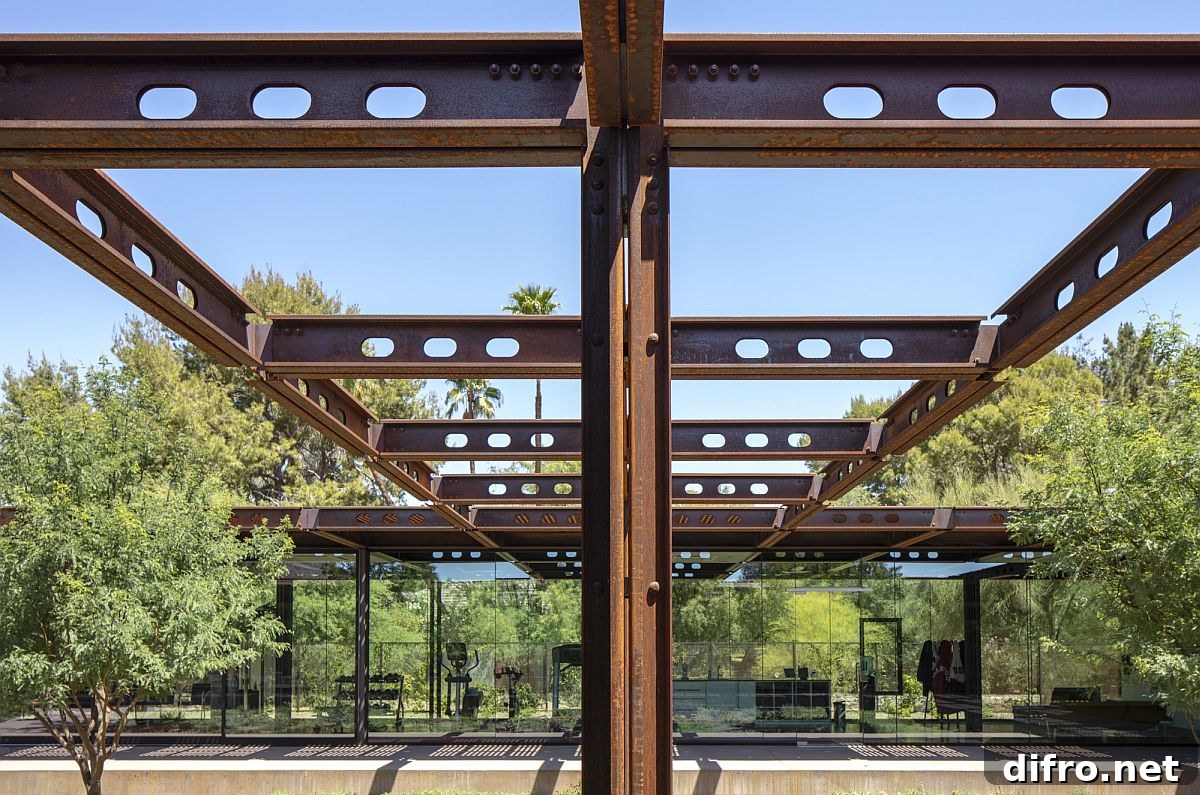 Corten steel beams extend the home outdoors into the courtyard and offer a world of possibilities