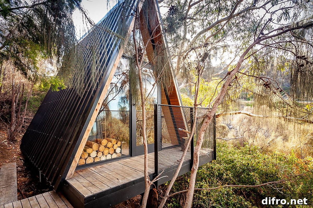 Exterior of the A-frame house.